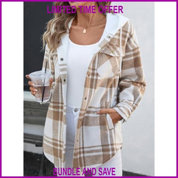 Oversized Flannel Shacket Sherpa Lined Hooded Jacket with Pockets - Picture 3 of 8